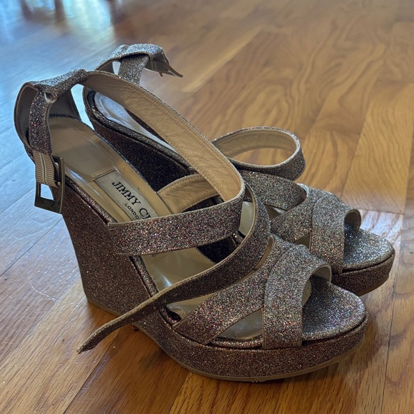 Jimmy Choo Shoes - Jimmy Choo Glitter Platform Wedge Sandals - Rose Gold